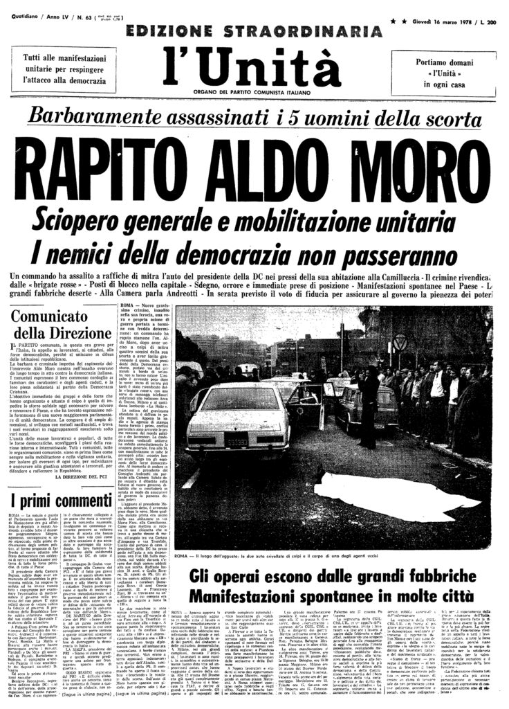 L'Unità sul sequestro di Aldo Moro