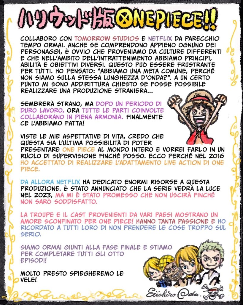 One Piece e Netflix, la lettera di Oda per il compleanno di Luffy